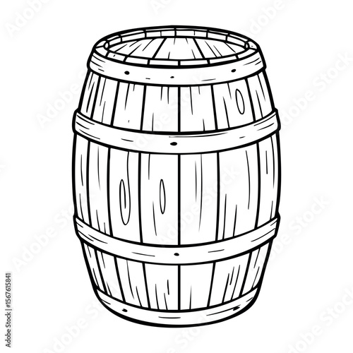 Detailed outline of a vintage wooden barrel with metal hoops. Vector hand-drawn doodle illustration