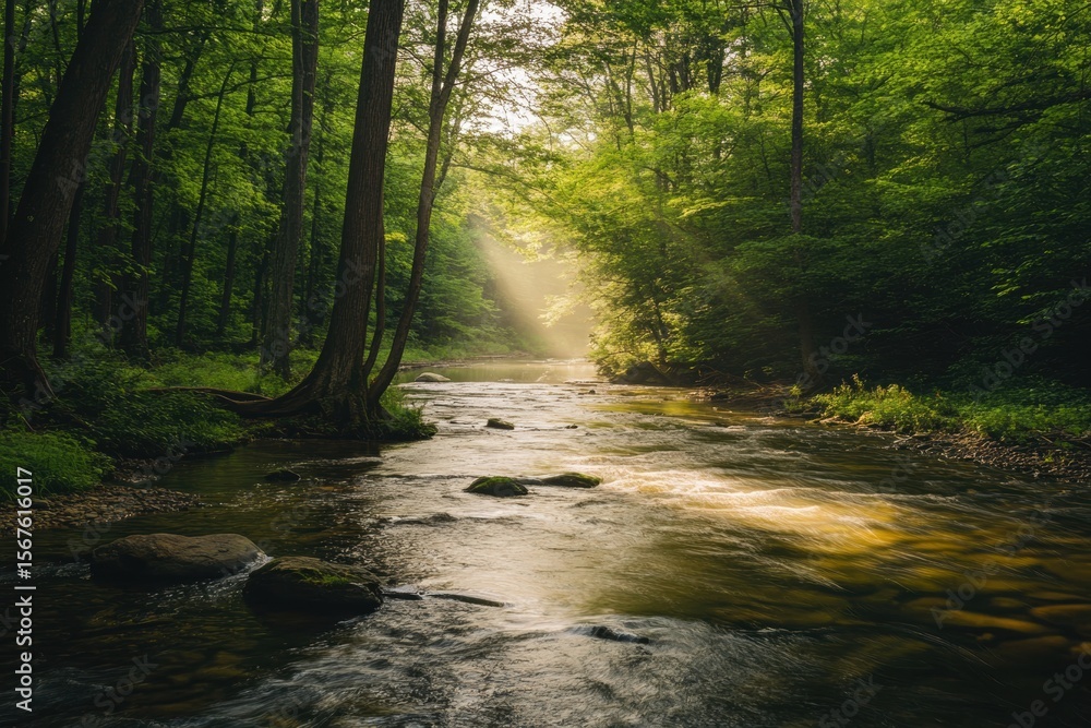 Fototapeta premium Sunlit creek running through lush forest