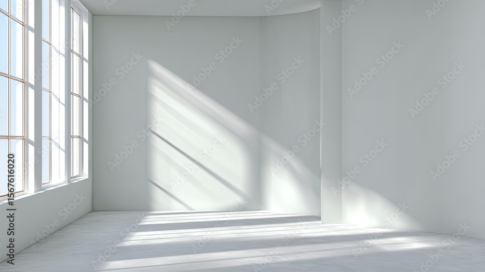 Obraz premium Empty white room with large windows, sunlit interior