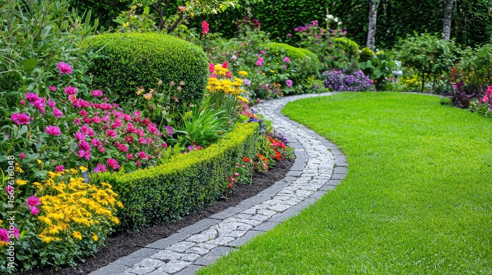 Fototapeta premium A professionally landscaped backyard garden with neatly trimmed hedges, colorful flowers, and a stone path.