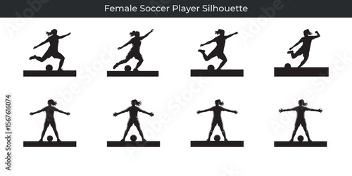 Collection of black silhouette illustrations depicting female soccer player in action poses