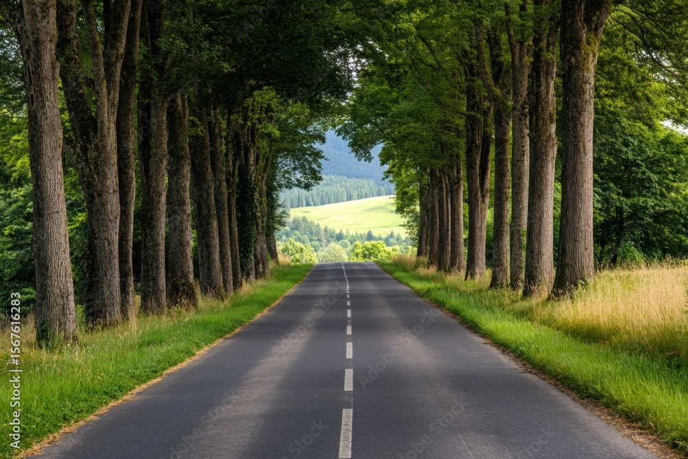 Fototapeta premium Scenic highway through forest with long shadows
