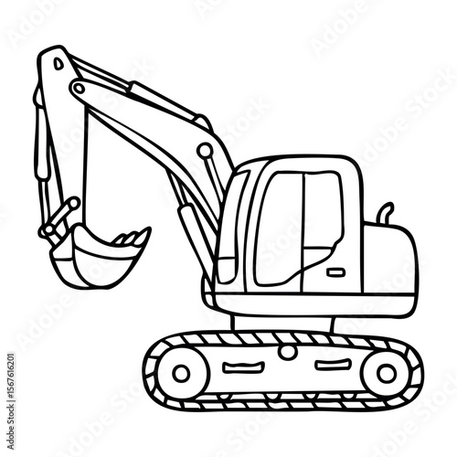 Line art of construction excavator with detailed arm and tracks. Vector hand-drawn doodle illustration