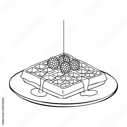 Line art waffle with raspberries and syrup drizzle on plate. Vector hand-drawn doodle illustration