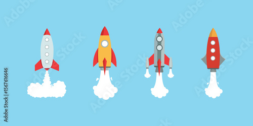 Rocket icon set. Upward launch space rocket with white smoke from turbines isolated on white background