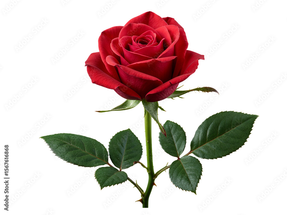 Fototapeta premium A single vibrant red rose with green leaves and thorns isolated on transparent background