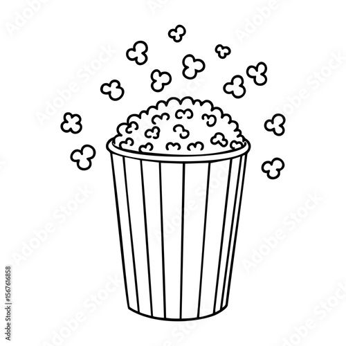 Popcorn in striped bucket with popped kernels on white background. Vector hand-drawn doodle illustration