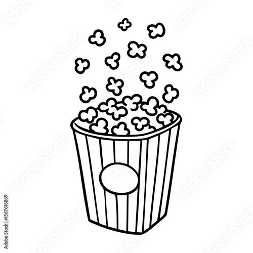Hand-drawn popcorn bucket with popping kernels in black and white. Vector hand-drawn doodle illustration