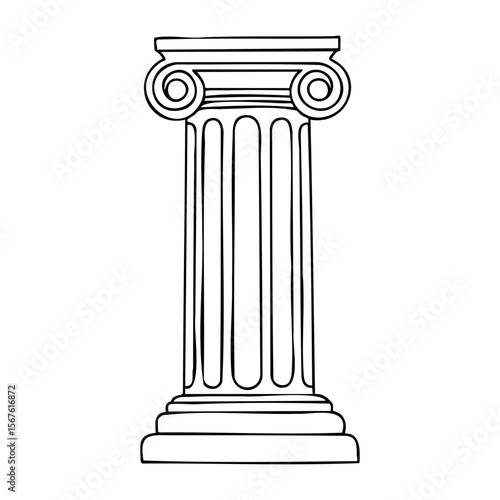 Outline drawing of classic ionic column with spiral volutes. Vector hand-drawn doodle illustration