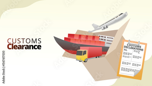 customs clearance cponcept. custom declarations paper with ship, turck and aeroplane. supply chain management illustration vector illustration