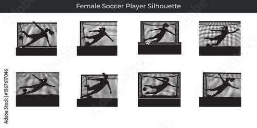 Dynamic silhouette illustrations of a female soccer player in various action poses