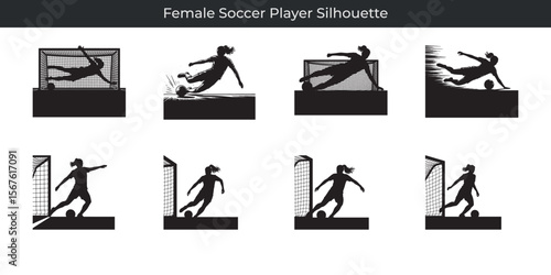 Dynamic black silhouette illustrations show female soccer player actions and movements in sport