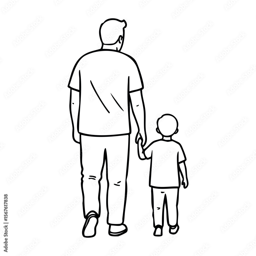 Father and child walking hand in hand line drawing. Vector hand-drawn doodle illustration Father and child walking hand in hand line drawing. Vector hand-drawn doodle illustration
