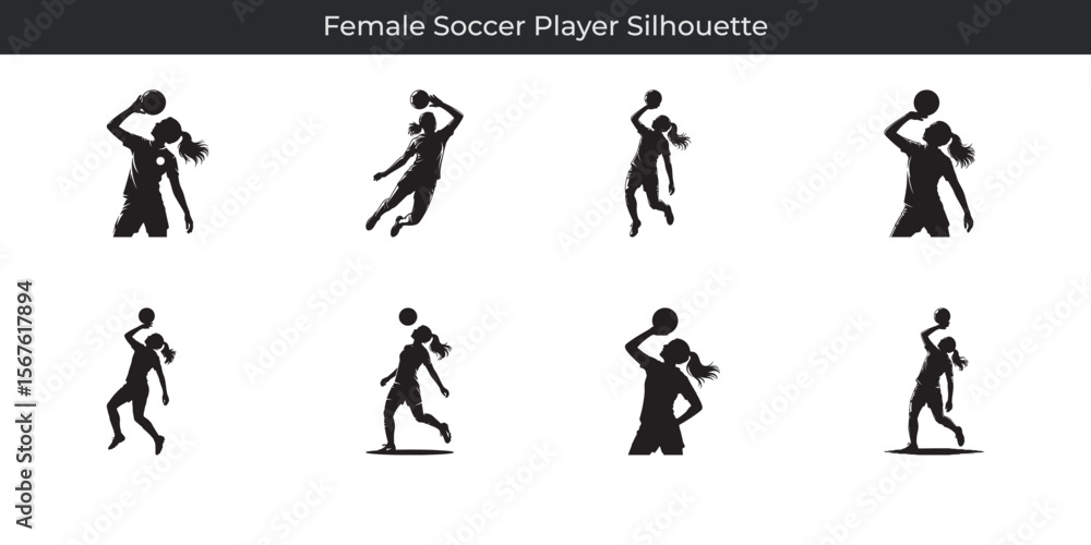 Naklejka premium Collection of dynamic silhouette poses featuring a female soccer player ready to compete