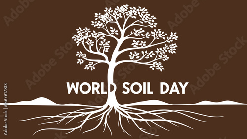 World Soil Day:  Stylized White Tree with Extensive Roots on Brown Background;  Environmental Conservation Graphic;  Simple, Elegant Design.