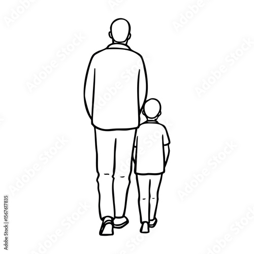 Backview of adult male and child walking together. Vector hand-drawn doodle illustration