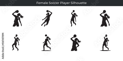 Collection of dynamic silhouette poses featuring a female soccer player ready to compete