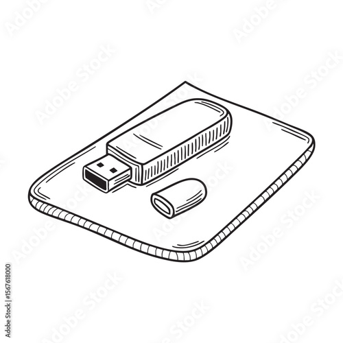 A USB drive close to a mouse pad on the desktop
