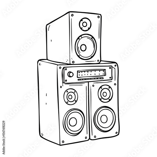 Vintage stereo system with multiple speakers and control unit. Vector hand-drawn doodle illustration