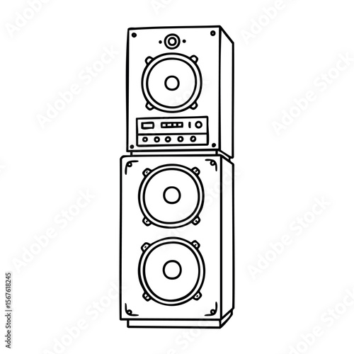 Stacked vintage speakers with audio controls and triple woofers. Vector hand-drawn doodle illustration
