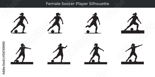 Black silhouette collection depicting action poses of a female soccer player with ball