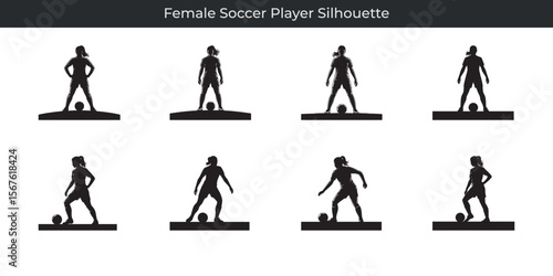 Dynamic silhouette illustrations of a female soccer player in action with the ball