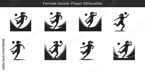 Dynamic silhouette illustrations of a female soccer player executing various plays and actions