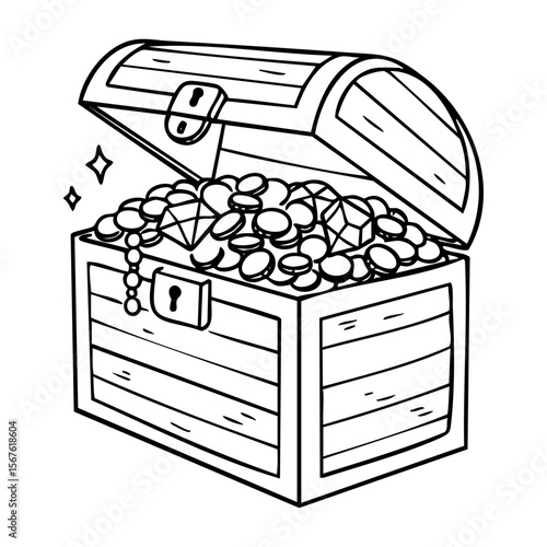 Open treasure chest filled with coins and gems. Vector hand-drawn doodle illustration