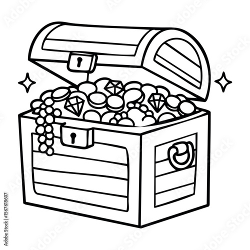 Open treasure chest filled with coins and gems. Vector hand-drawn doodle illustration