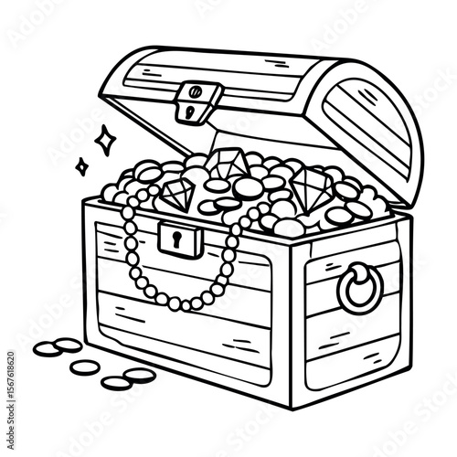 Open treasure chest filled with jewels and coins. Vector hand-drawn doodle illustration