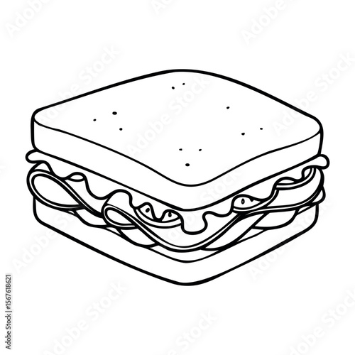 Simple line drawing of sandwich with lettuce and tomato in black and white. Vector hand-drawn doodle illustration