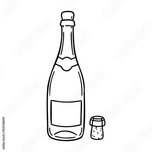 Hand-drawn champagne bottle with cork in outline style. Vector hand-drawn doodle illustration