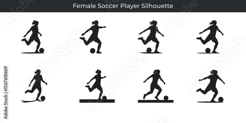 Silhouette depictions of female soccer player kicking a soccer ball in various positions