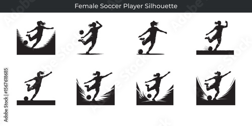 Dynamic black and white silhouette illustrations of a female soccer player kicking a ball