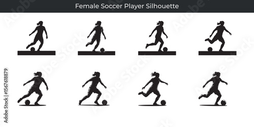 Dynamic silhouettes of female soccer player actions depicting movement and athleticism