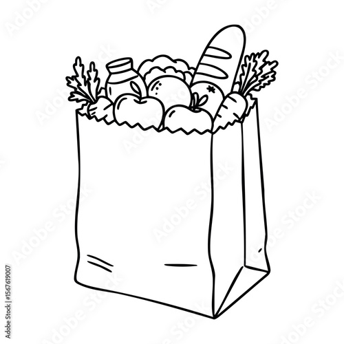 Paper bag with groceries: bread, fruits, vegetables, milk, juice. Vector hand-drawn doodle illustration