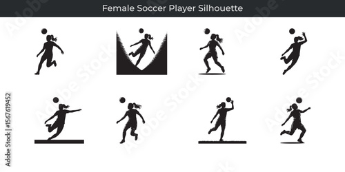 Dynamic silhouette illustrations of a female soccer player in various action poses