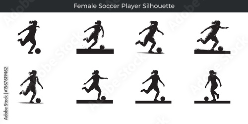 Silhouette illustrations of female soccer players performing various kicking actions on the field