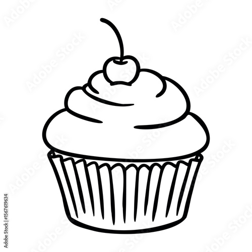 Simple cupcake with cherry outline drawing. Vector hand-drawn doodle illustration