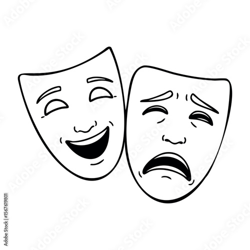 Comedy and tragedy masks embracing theatrical emotions. Vector hand-drawn doodle illustration