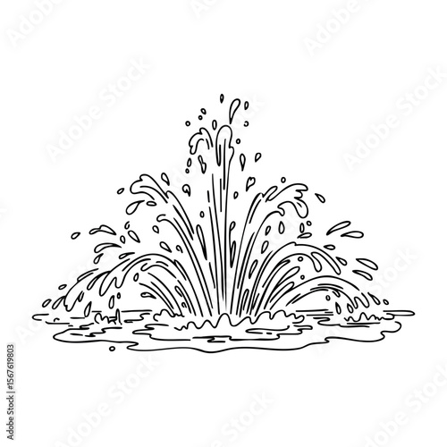 Illustration of a splashing water fountain displaying dynamic water jets. Vector hand-drawn doodle illustration