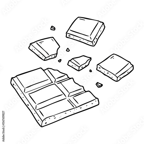 Hand-drawn chocolate bar breaking into pieces. Vector hand-drawn doodle illustration
