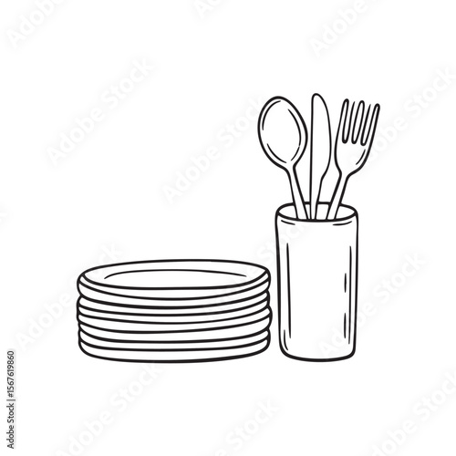 Clean plates stacked next to a utensil holder