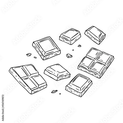 Hand-drawn chocolate bar squares and pieces sketch with crumbs. Vector hand-drawn doodle illustration