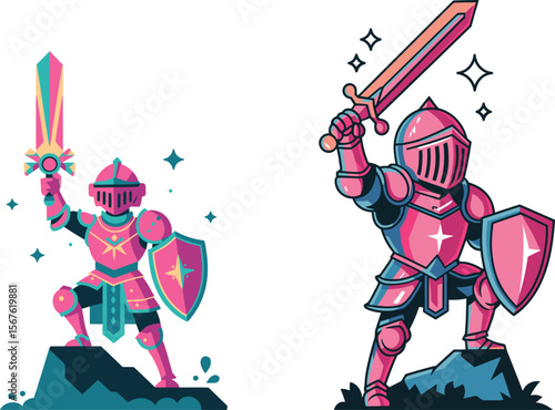 Knights Two RetroStyle Game Characters with Swords and Shields