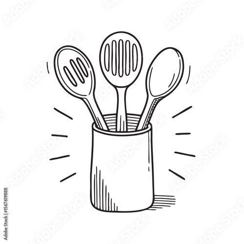 Wooden spoons stored inside a kitchen utensil holder