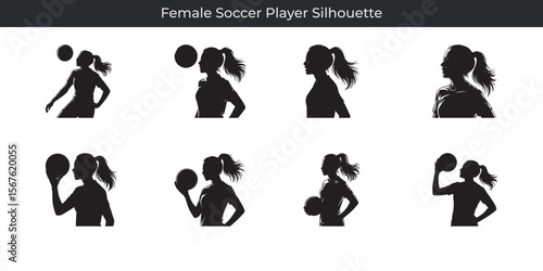 Black silhouette illustrations of multiple action poses of a female soccer player in motion