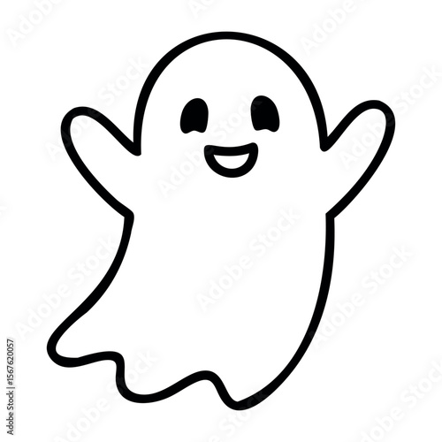 Cute cartoon ghost with smile and raised arms. Vector hand-drawn doodle illustration