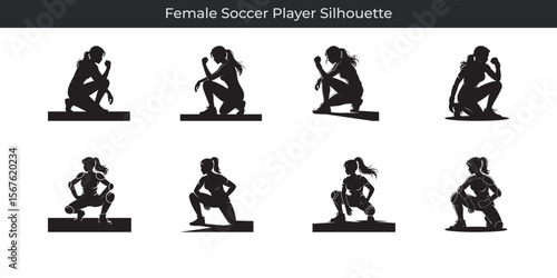 Collection of static poses of female soccer player silhouettes in various stances
