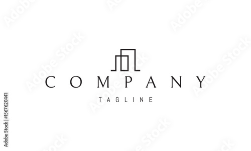 A vector logo featuring an abstract image a minimalist linear silhouette of two houses, drawn with clean, simple lines.